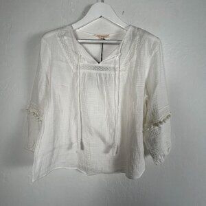 Grand & Greene Womens Off-White Boho Lace-Cuff Cotton Peasant Blouse Medium New